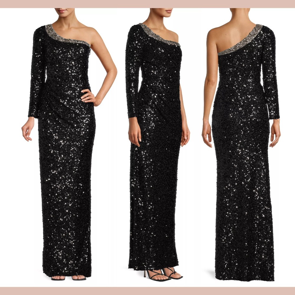 NWT $1095 Sachin & Babi [ 4 ] Greta Sequined One Shoulder Gown‎ Black J1472